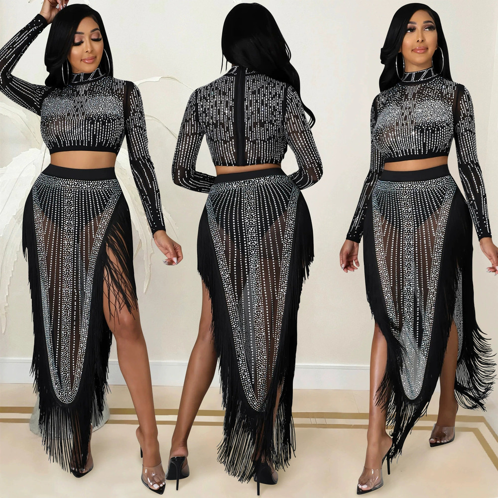 ZARA Sexy Rhinestone Mesh See Through Long Sleeve Slit Maxi Dress 2 Piece Set